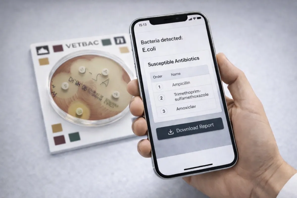 Veterinary antibiogram testing: VetBac plate showing antibiotic susceptibility zones